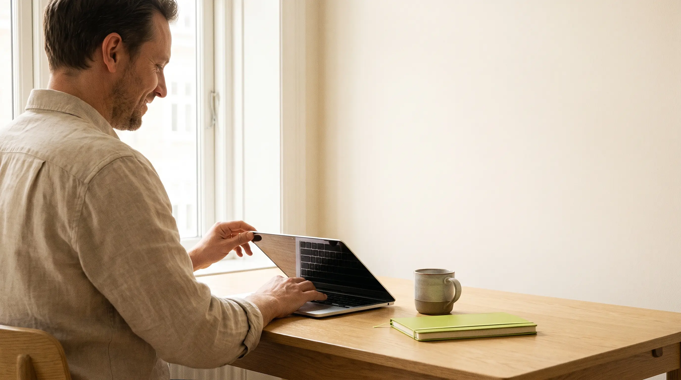 A founder at his desk, opening his laptop and typing his web address